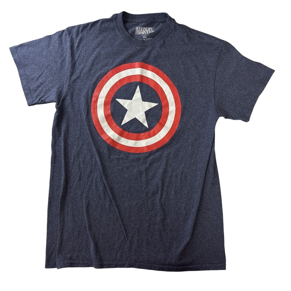 Marvel Captain America Shield Graphic T-Shirt Mens Medium Heather Navy Blue MD